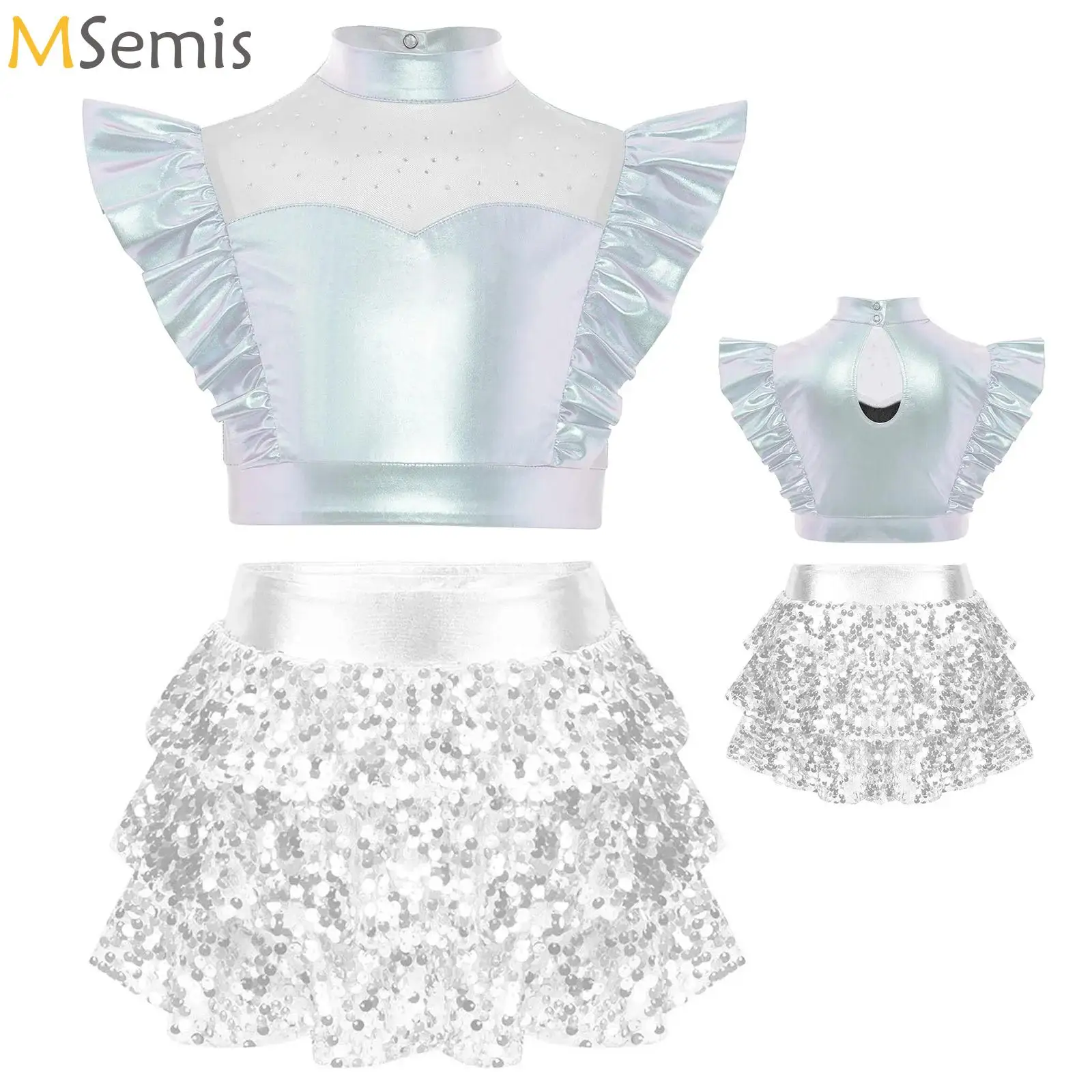 

Kids Girls Jazz Dance Outfit Shiny Ruffle Tank Crop Tops with Skirt for Ballet Modern Dance Streetwear Stage Performance Costume