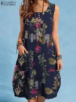 ZANZEA-vestido playero bohemio para mujer, vestido veraniego Vintage con estampado Floral, sin mangas, hasta la rodilla, para vacaciones, Sarafans