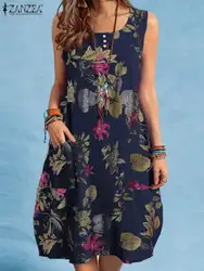 ZANZEA-vestido feminino boêmio de praia, vestido de verão floral vintage estampado, veste sem mangas na altura do joelho, vestido de férias, verão