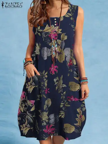 Imagen 1 del producto ZANZEA-vestido playero bohemio para mujer, vestido veraniego Vintage con estampado Floral, sin mangas, hasta la rodilla, para vacaciones, Sarafans