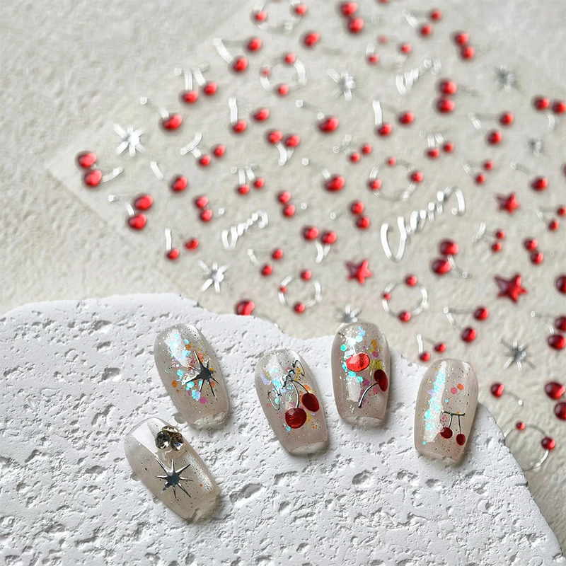 1 Sheet Chic Self Adhesive Manicure Decal Lovely Red Fruit Strawberry Bowknot 5D Nail Art Stickers DIY Accessories