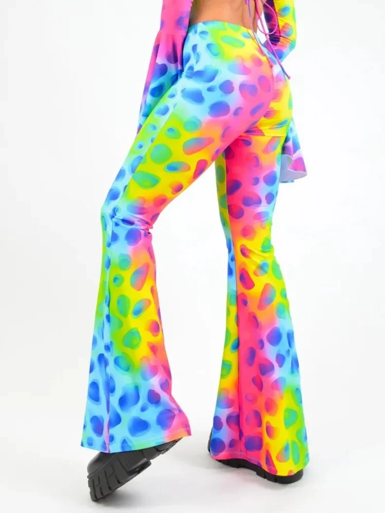 Psychedelische Regenbogen-Leopardenmuster-Schlaghose für Damen, Rave-Festival-Cosplay-Hose, Halloween-Nachtclub-Party-Performance-Outfit – Detail 3