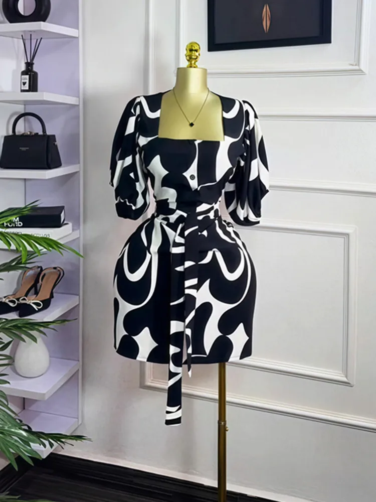 

BKLD Women Clothing 2025 Summer New Printed Short Sleeve Square Collar Single breasted Strap High Waist Bag Hip Short Dresses