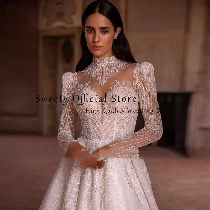 Robe de Mariée Luxueuse en Dentelle Brodée sur Filet, Tenue de Bal à Perles, Col Haut, Manches sulf, lèvent