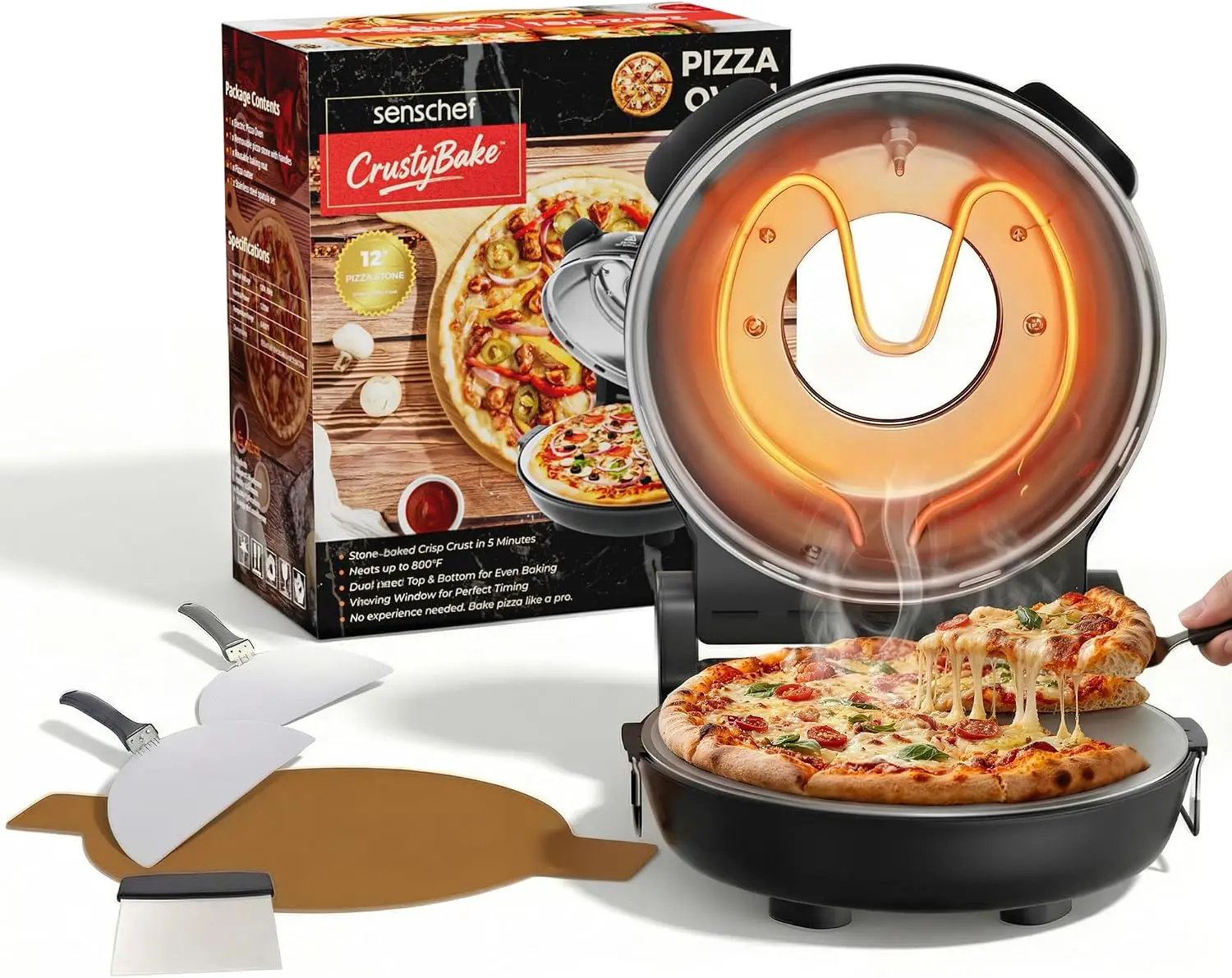 12 Inch CrustyBake Electric Pizza Oven – 800°F Indoor Countertop Cooker, Dual Heat Control, 5-Min Pizzeria Pizza, Tools & Recipe