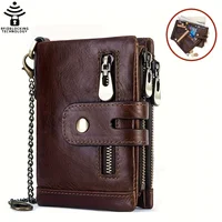 100% de cuero genuino RFID para hombre, billeteras de piel de vaca, monedero pequeño, Mini tarjetero, cartera con cadena, cartera Portomonee para hombre, bolsillo