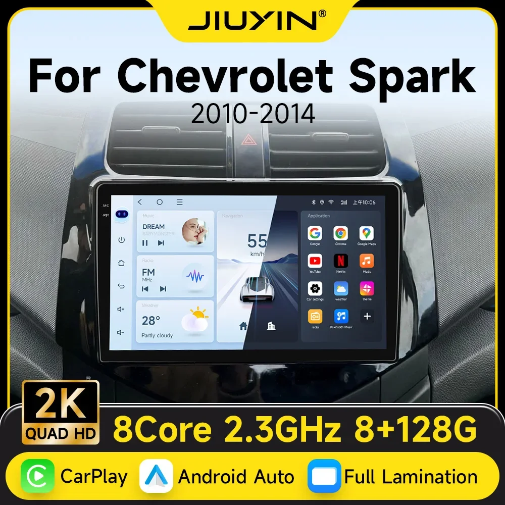 JIUYIN 9 Inch Multimedia Player For Chevrolet Spark 2009-2016 Car Radio Stereo Android Auto Apple Wireless Carplay with Frame 4G