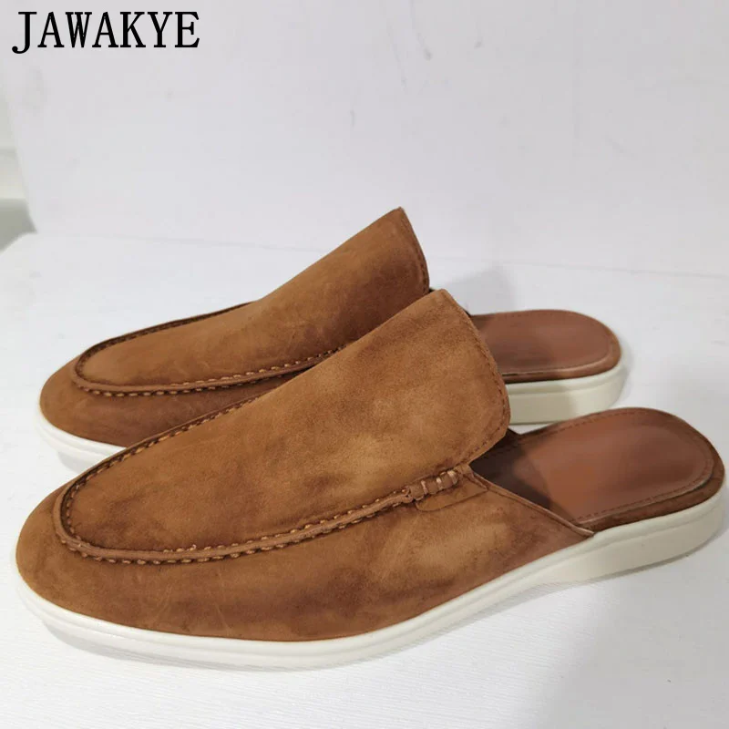 Unisex Suede Leather Mules Flat Heel Male Casual Slippers Men's Slip On Lazy Loafers Summer Slides Beach Flip Flops Shoes