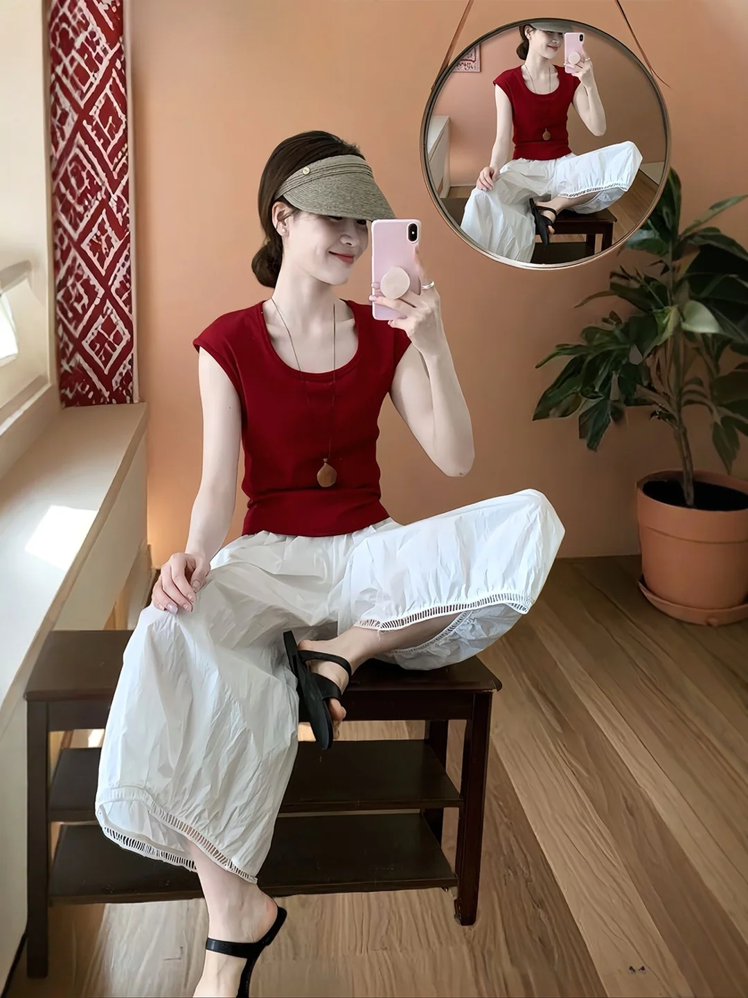 

Summer Red Lace Wide Leg Pants Women's Set Casual Sle ort Sve round Ne T-irt Beautiful Faionable plus Size Outfit