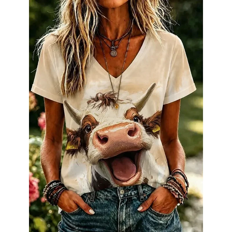 Women's 3D printed V-neck t-shirt, spring-summer, blue sky, white clouds, grassland and laughing cow design.
