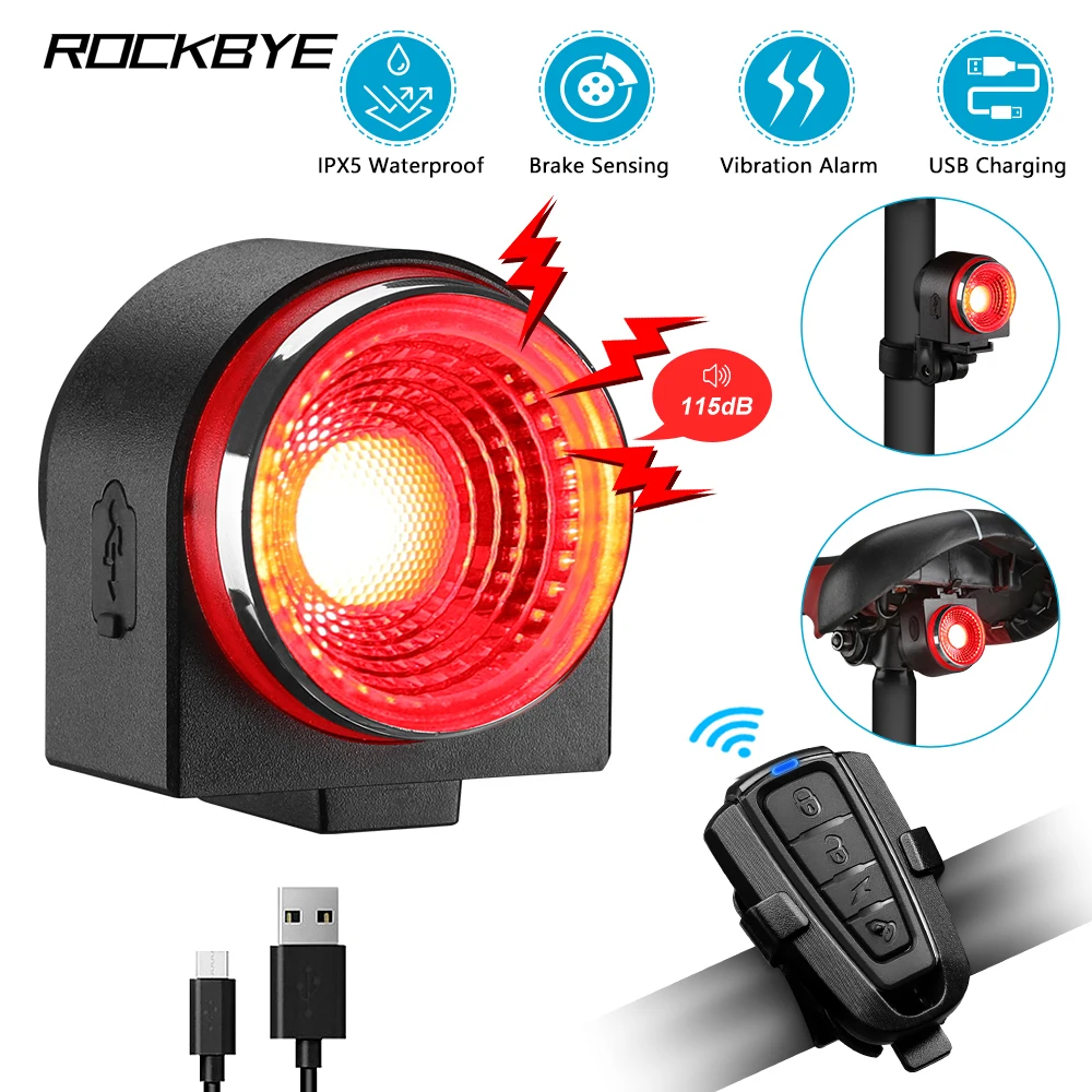 Rockbye Bicycle Braking Light Cycling Rear Lamp Burglary Alarm Remote Call Bike Finder Horn USB Charge Wireless Control Taillght