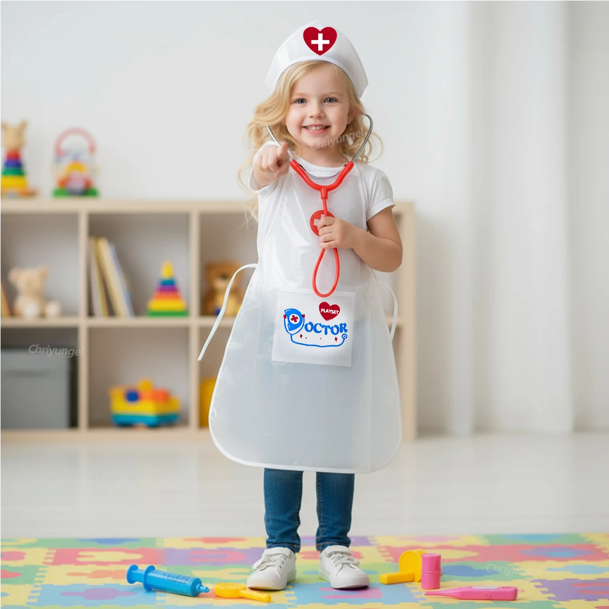 Kids Nurse Costume Apron and Hat Set for Girls Doctor Role Play Pretend Play Toy Educational Family Kindergarten Dress Up Outfit