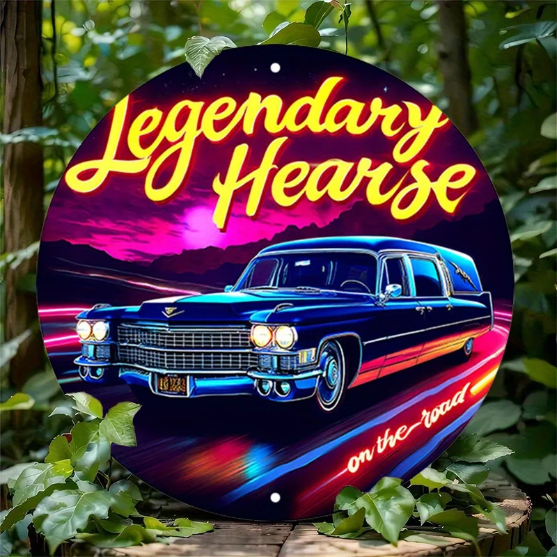 1 Stück Vintage Hearse Round Aluminiumschild – Legendäre Auto-Neonlichter, rustikale Metallwandkunst, Retro-Stil, Metallblechschild für Zuhause, G