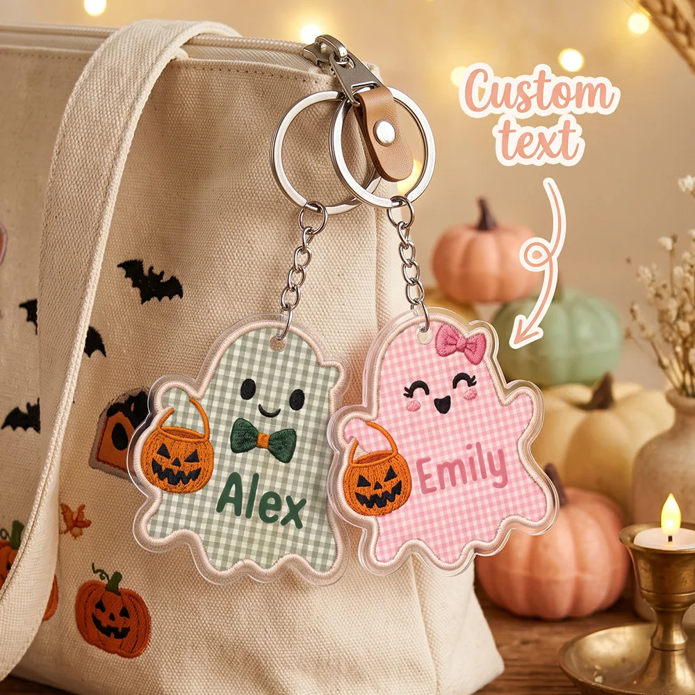 Personalized Pumpkin Ghost Keychain, Custom Name Acrylic Key Ring, Halloween Gingham Design, Halloween Gift for Boy Girl