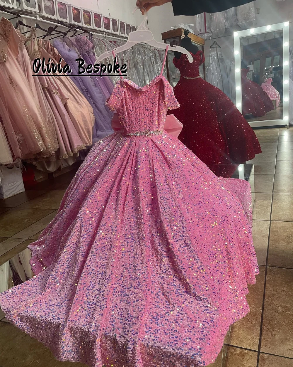 Cute Pink Velvet Sequin Flower Girls Dresses For Wedding Party Silvery Crystal Off The Shoulder Princess Prom Dress Customized