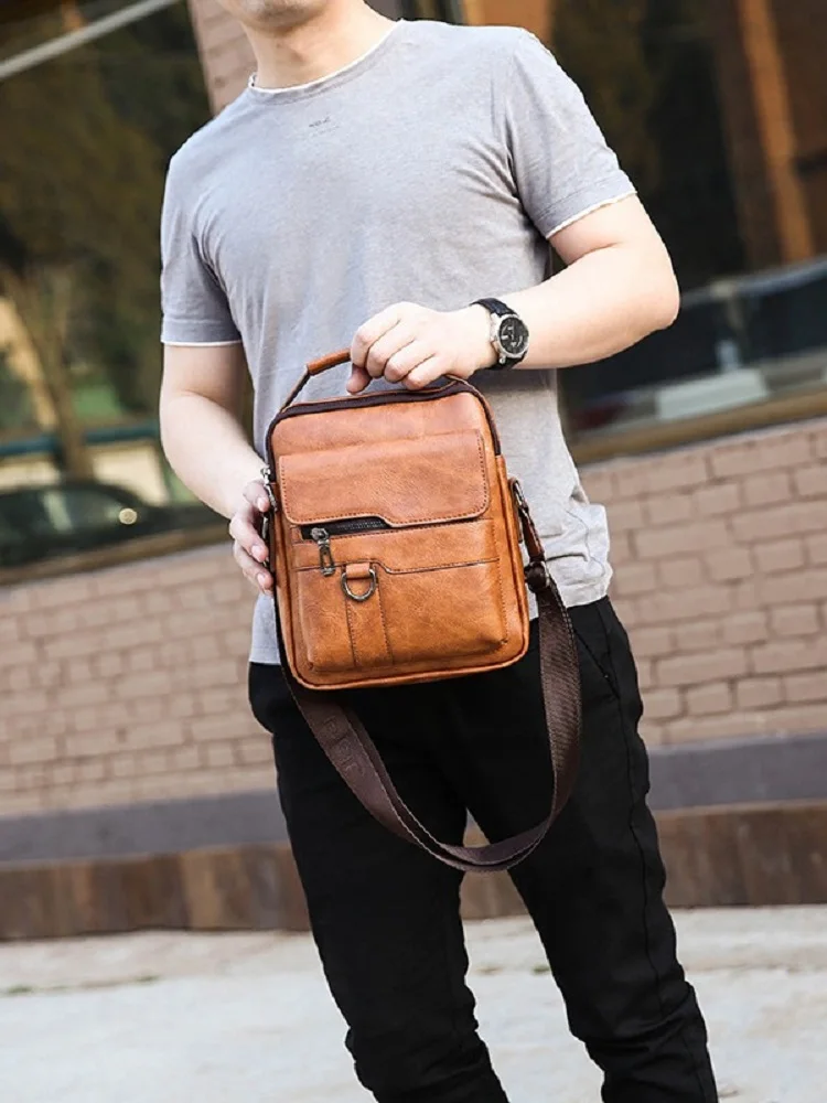 men's Casual commuting single-shoulder crossbody bag hand-held vertical large-capacity leather bag breathable and wear-resistant