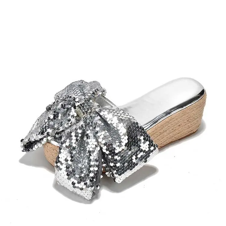 

Silver Sequin Bow Slide Shoes Platform Wedge Espadrille Sandals