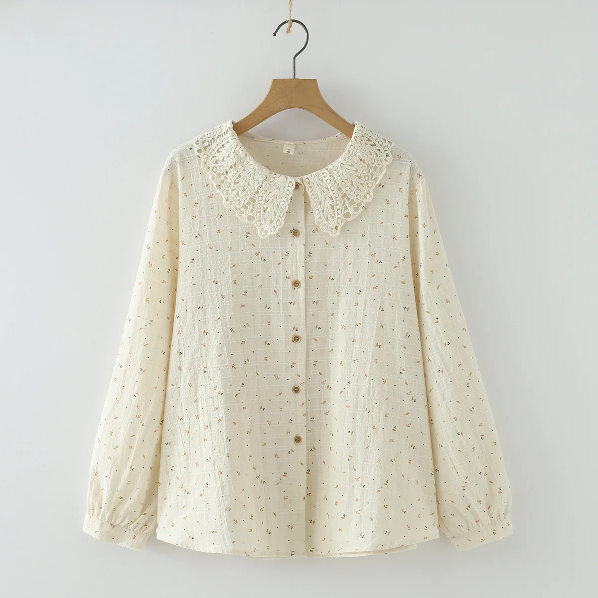 New 2025 Autumn Cotton Long Sleeve Shirt, Women Peter Pan Collar Lace Print, Mori Girl French Temperament Loose Blouse T5O460CC