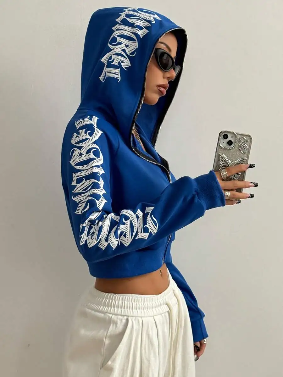 

Women's Cropped Open-Front Hoodie with Gothic Script Print, Streetwear Style