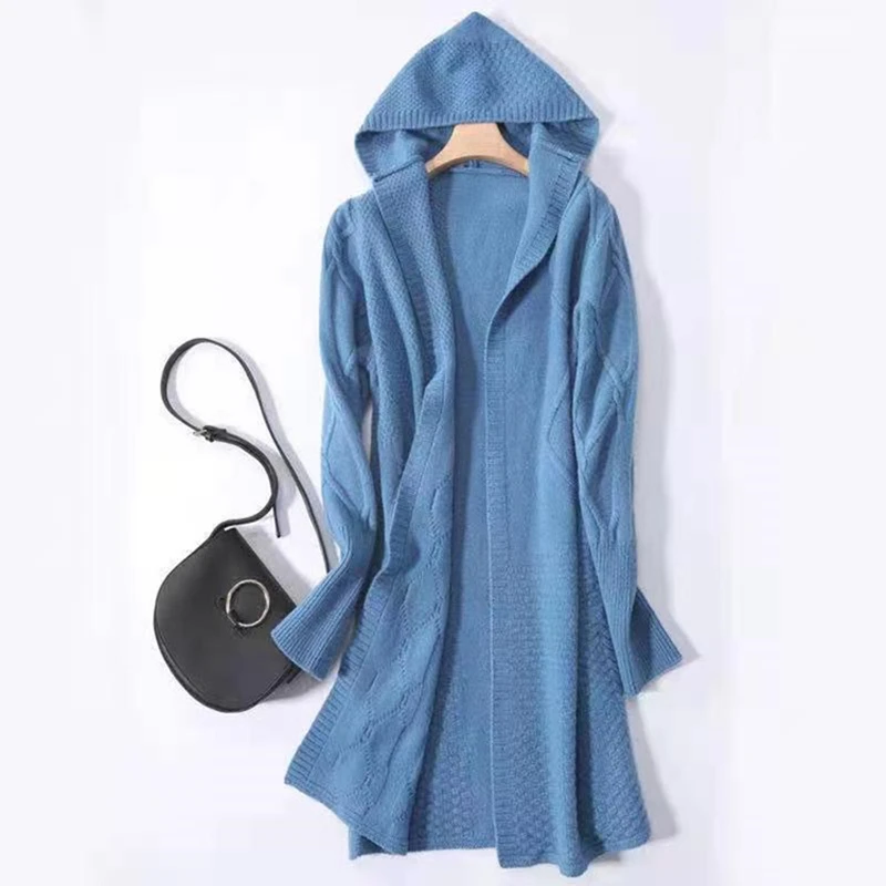 

Elegant Solid Color Long Sweater Fashion Winter Warm Women Long Sleeve Loose Cardigan Casual Knitted Top Autumn Hooded Knitwear