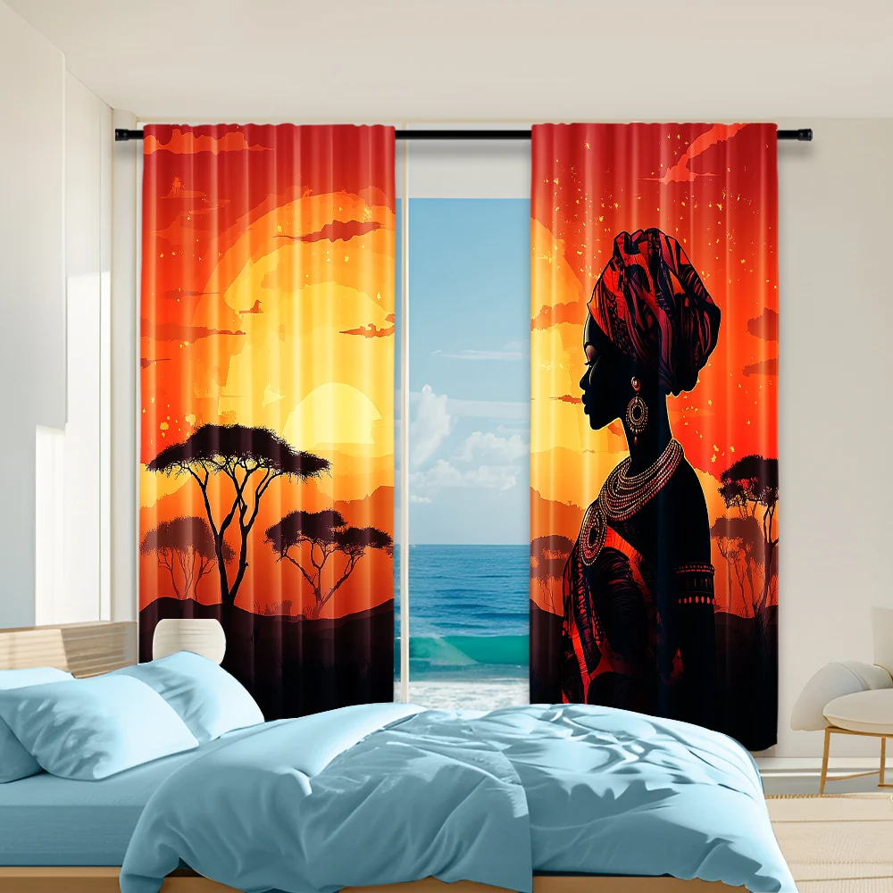 2 pcs, versatile polyester transparent curtains for home decoration African Women in Tribal Attire Under Sunset Sky for use in