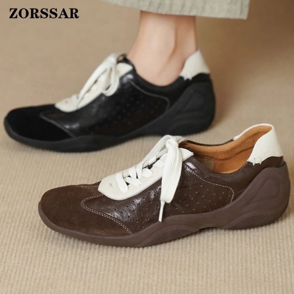 

New Two-Tone Brown Suede Leather Retro Sneakers Women Lace Up Brogue Detail Soft Sole Comfortable Breathable Daily Wear Shoes