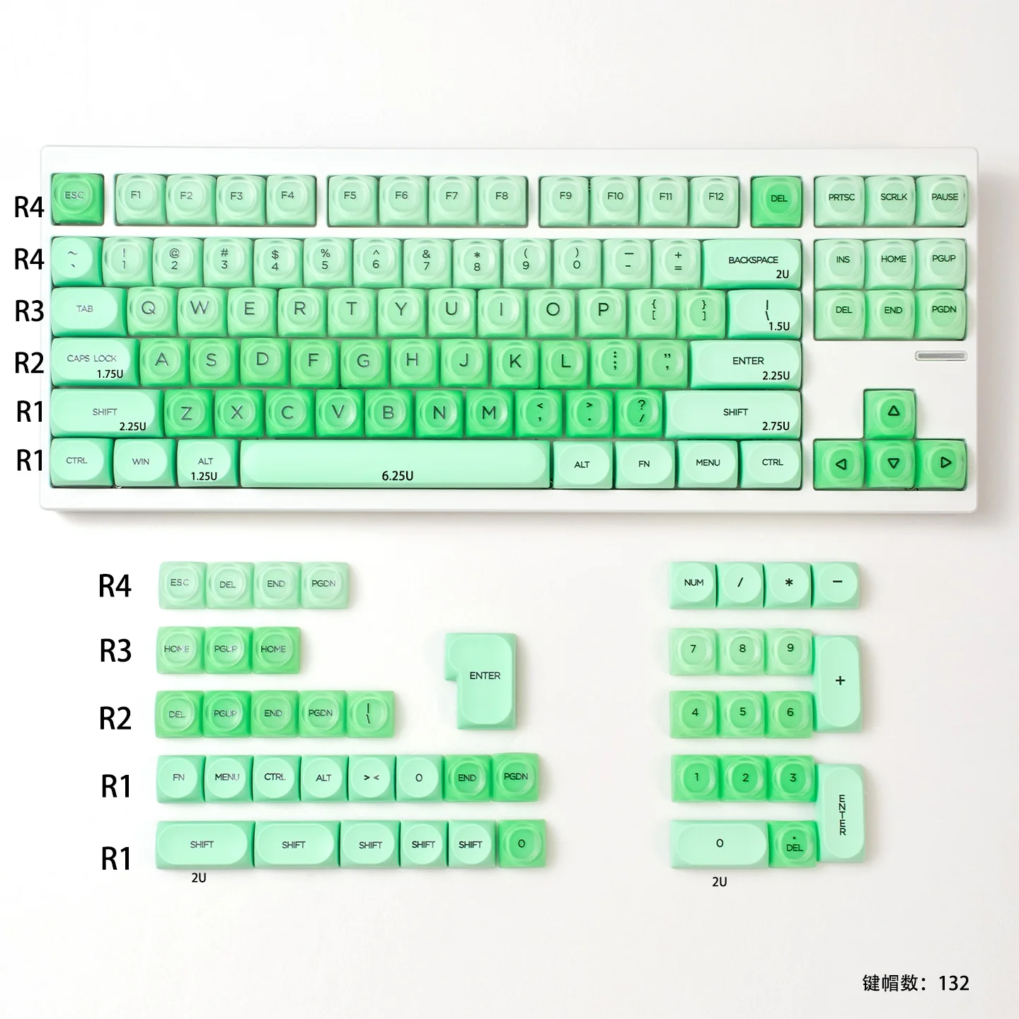 Copritasti per PC semitrasparenti personalizzati Green Cloud 132 tasti Profilo HOA Copritasti PBT a doppio scatto per interruttori MX Tastiera meccanica