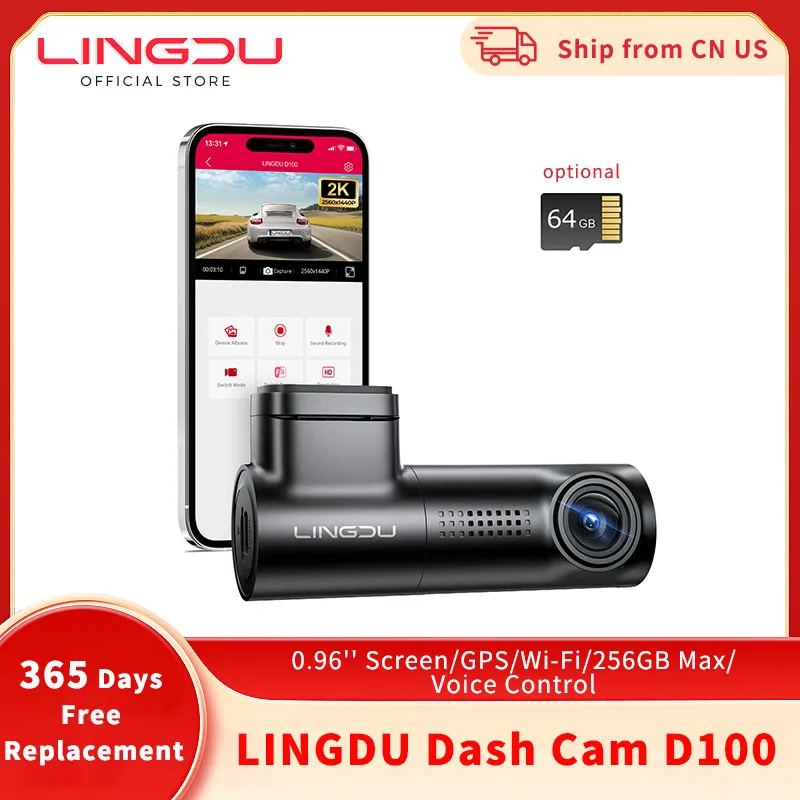 LINGDU D100 2.5K Dash Cam Front MINI Dash Camera for Cars Voice Control WDR Car DVR Parking Mode Built-in GPS WiFi  Night Vision