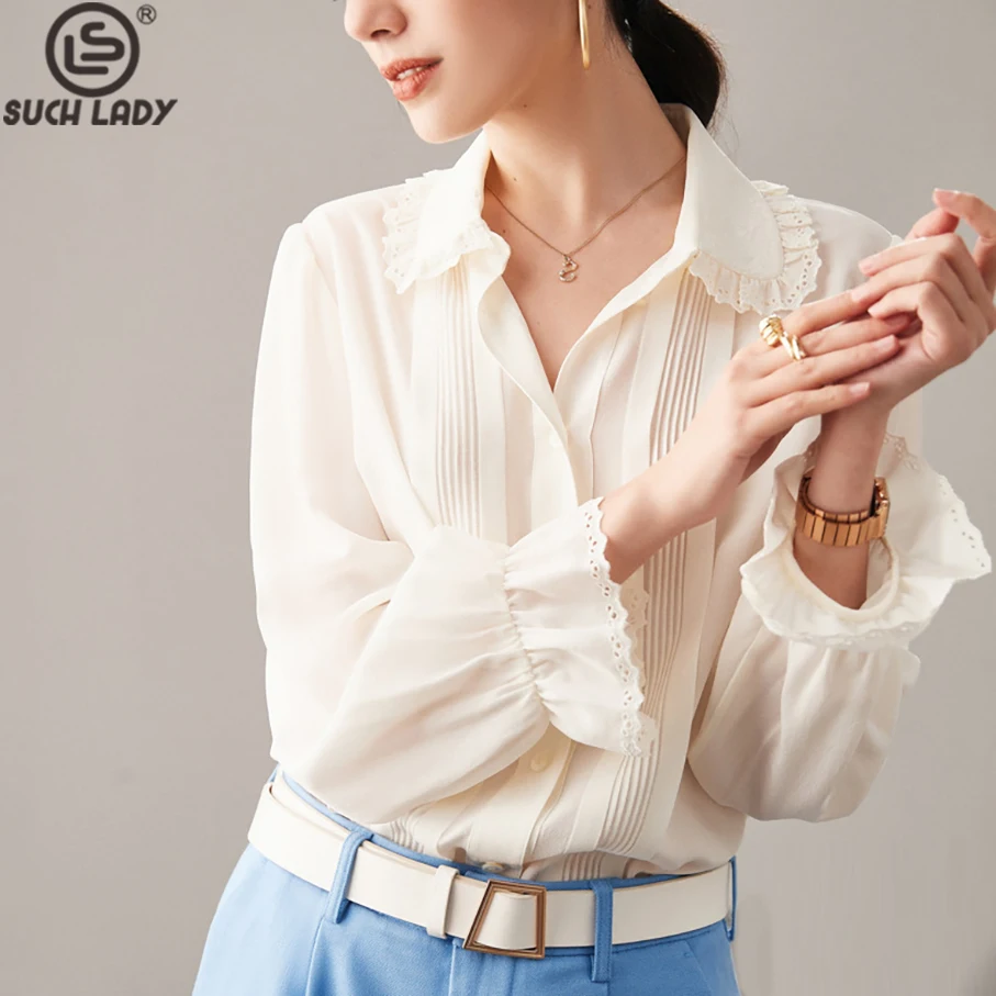 

100% Natural Silk Women's Shirt Peter Pan Collar Long Sleeves Piping Elegant Blouse Tops