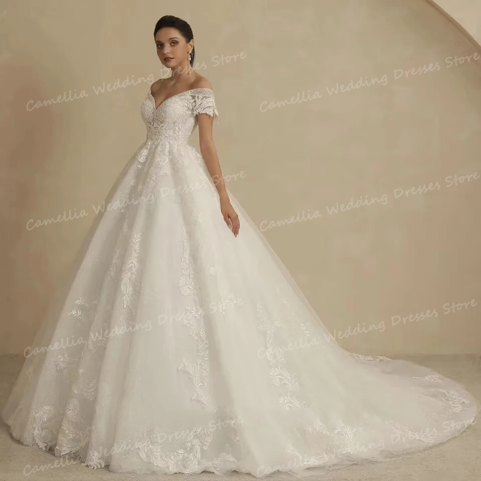 2024 Elegant Wedding Dresses A Line Sexy Lace Up Women's Bridal Gowns Appliques Off The Shoulder Sleeveless Sweep Train Vestidos