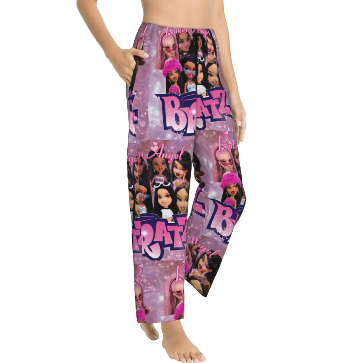 Custom Printed Bratz Rock Angelz Doll Collage Pajama Pants for Women Cartoon Tv Movie Sleep Sleepwear Bottoms with Pockets