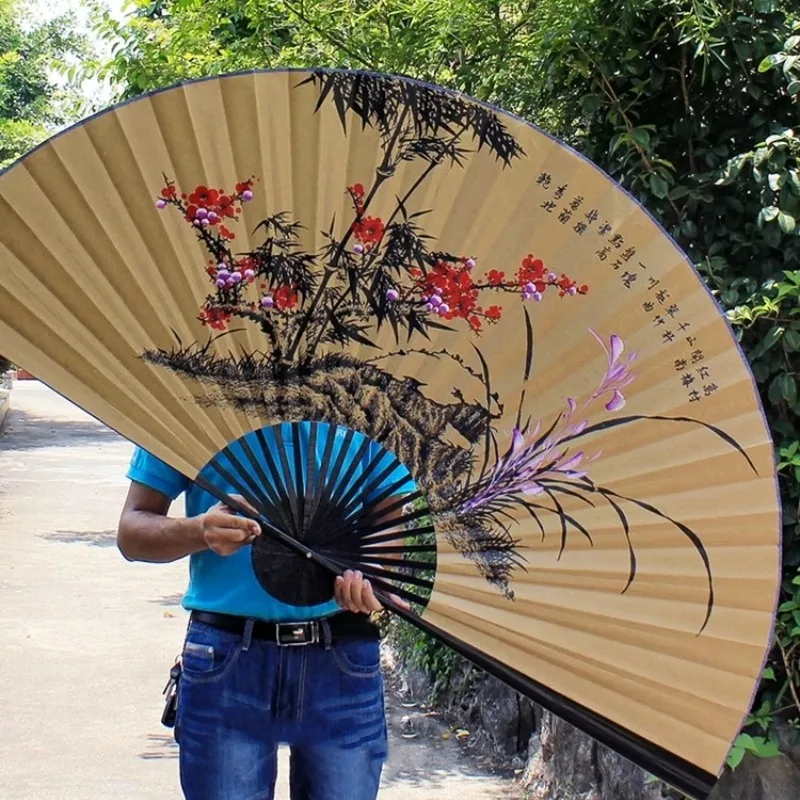 Retro Decoration Fan Chinese Classical Oversized Wall Mount Folding Orchid Fan Living Room Decorative Furnishings Prop Fans