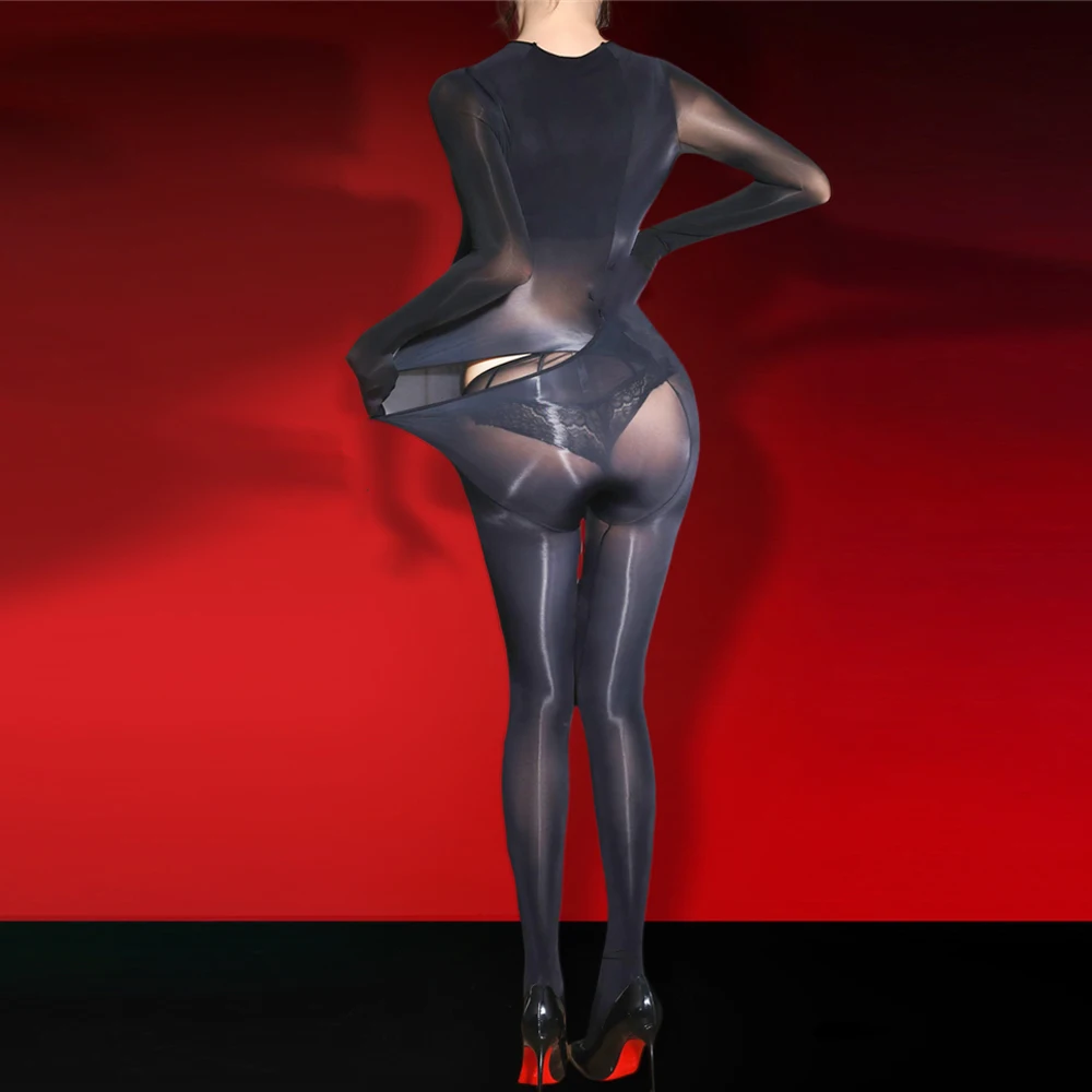 Sexy Women 5D Thin Oil Glossy Shiny Long Sleeves Bodysuits Sheer See Through Back Open Maid Tights Jumpsuits Shaping Leotard