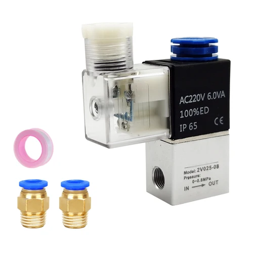 Válvula NC de Control neumático, solenoide de aire, 2 posiciones, 2 puertos, 1/4 "", normalmente cerrada, cc 12V, 24V, CA 110V, 220V, 2V025-08
