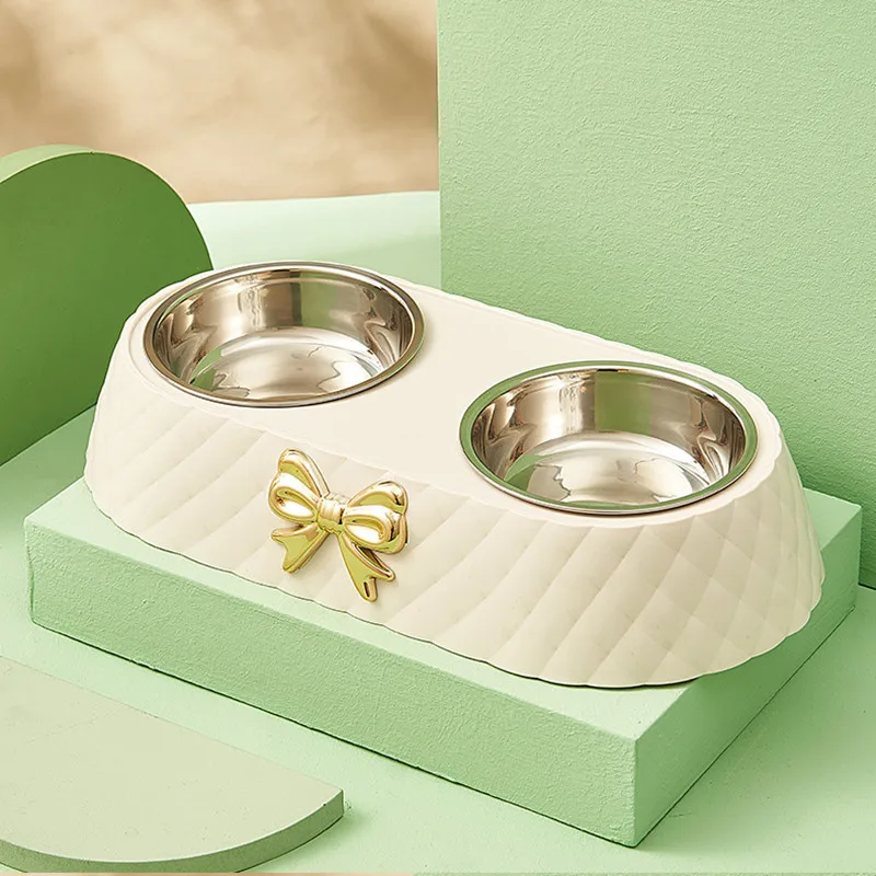 Pet Supplies Bow-tie Bowknot Cats Food Bowl Dog Bowl Stainless Steel Double Pet Accessories Feeding Drinking Double Bowl