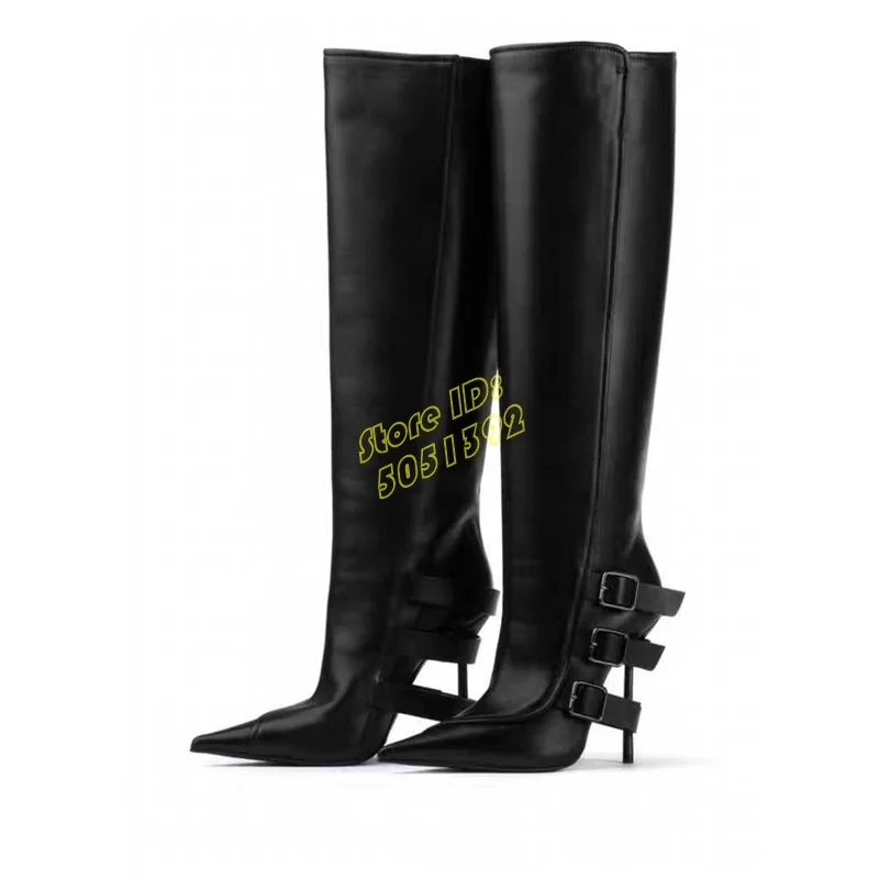 

Buckle Strap Stiletto High Heel Knee Boots Sexy Pointy Toe Black Brown Patchwork Brown Black Fashion 2025 Winter Women Shoes