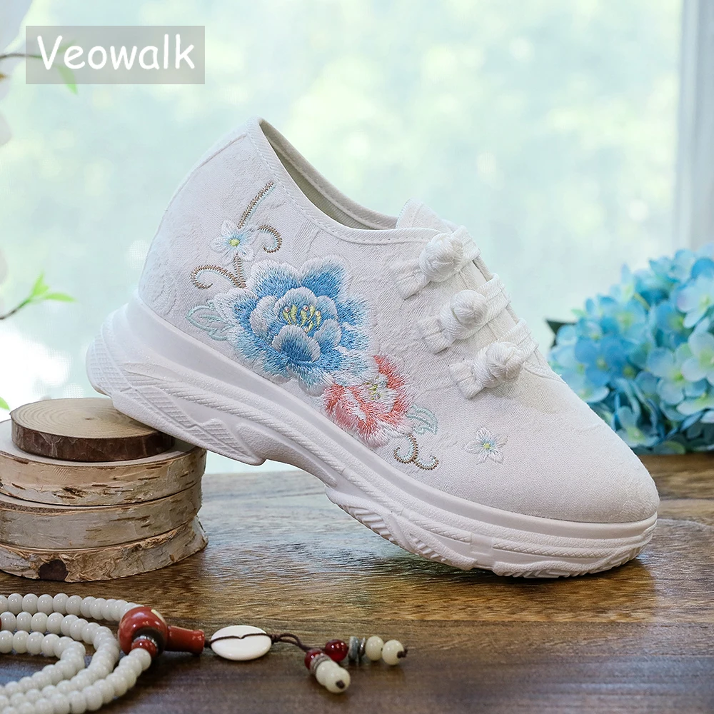 Veowalk Sneakers goffe da donna ricamate in cotone bianco Scarpe basse da donna casual antiscivolo comode e morbide da passeggio per papà