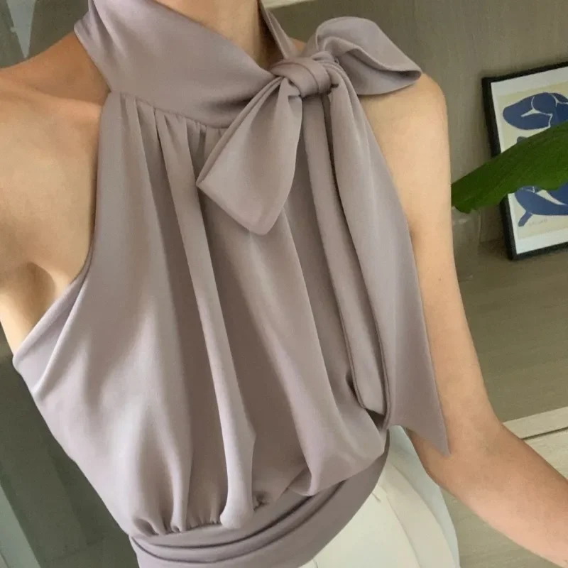 Chic Bow Halter Ropa Mujer 2024 Women Top Korean Ins Sleeveless Clothes Niche Tanks & Camis Summer New Elegant Moda Tops