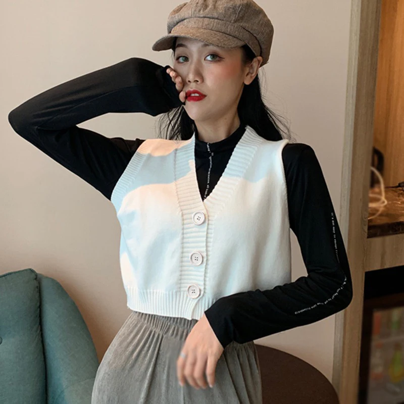 Spring Autumn Knitted Cardigan Vest Womens Korean V-neck Sleeveless Sweater Vest Solid Students Coat Ulzzang Chic Outwear Y2K