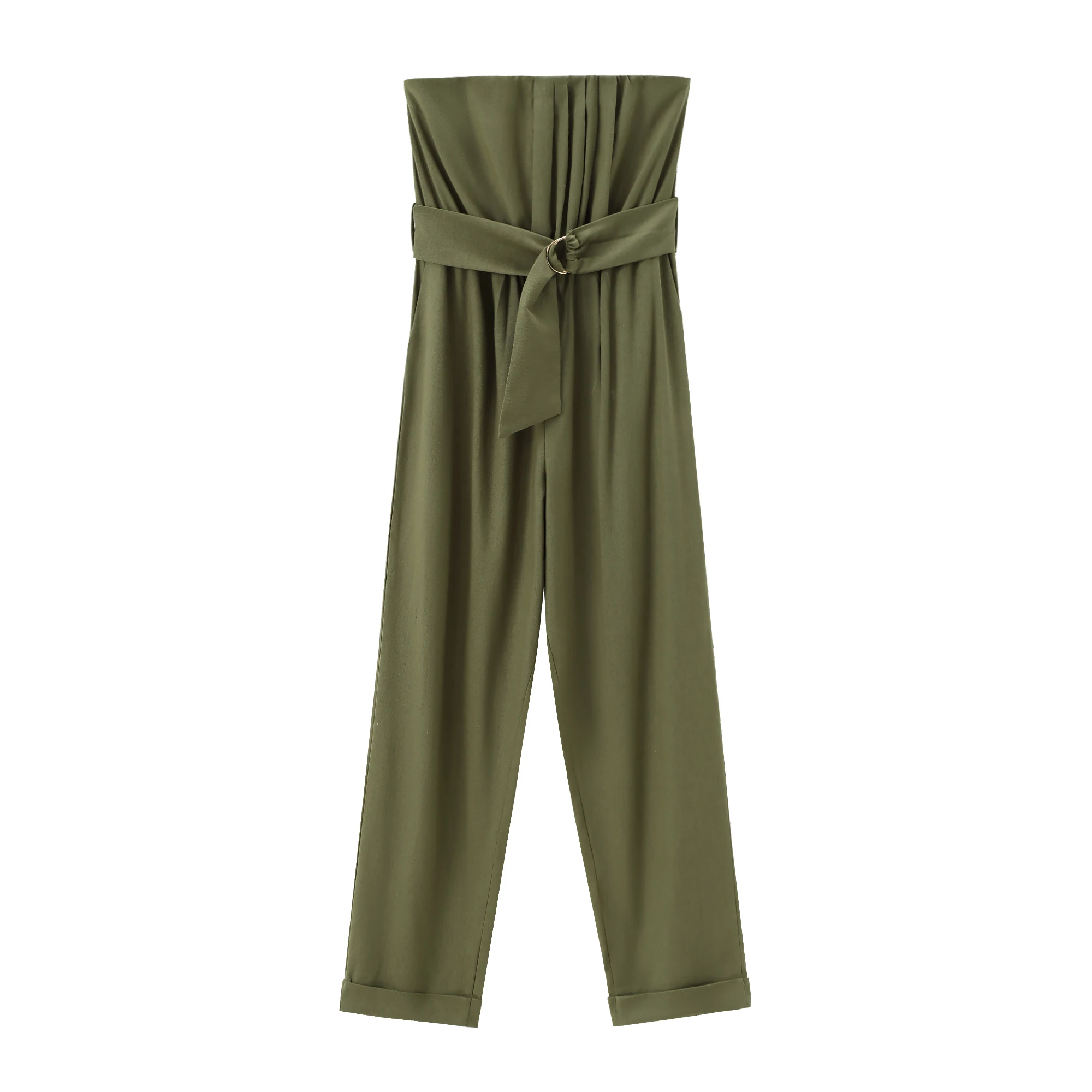 Women\'s Strapless Jumpsuit Linen Blend and Waist Belt Pleated Design Fashionable Commuting Temperament Versatile Pant New