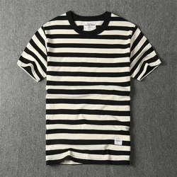 Summer New American Retro Short-sleeved O-neck Navy Stripe T-shirt Men's Fashion Simple 100% Cotton Washed Casual Sport Tops