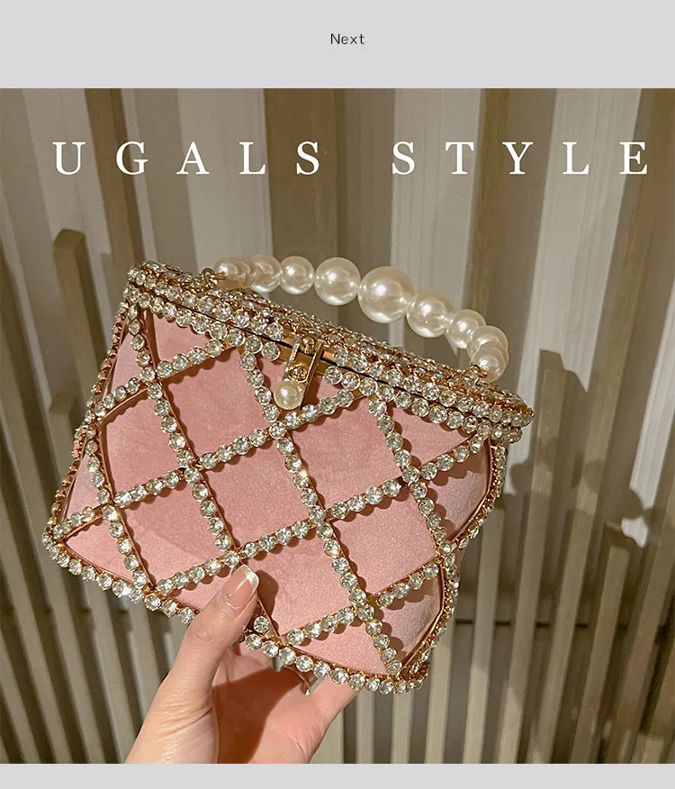 Luxury Rhinestones Diamond Evening Bag Hollow Pearl Beaded Metallic Cage Women Handbag Wedding Party Clutch Purse Shoulder Bag