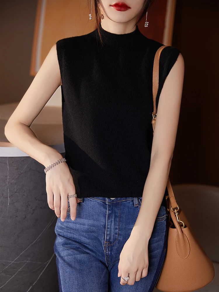 New 100% Merino Wool Knitwear Pullover Vest Women Half High Collar Sleeveless Sweater Simple Style Soft Spring Summer Korean Top