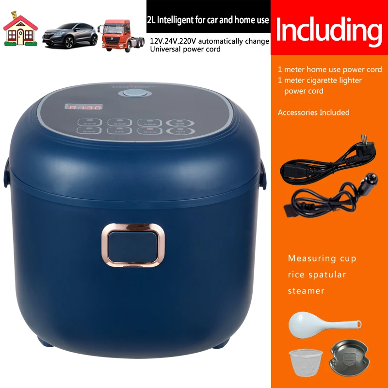 Mini Rice Cooker 2L 12-24V 220V Car Truck Home Dual Use Multi-function Appliance  for Camping Blue Russian Menu