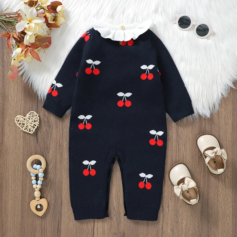 Baby Romper Knit Infant Girl Jumpsuit Fashion Turn-down Collar Cute Cherry Newborn Kid Clothes 0-18M Long Sleeve Autumn Overalls