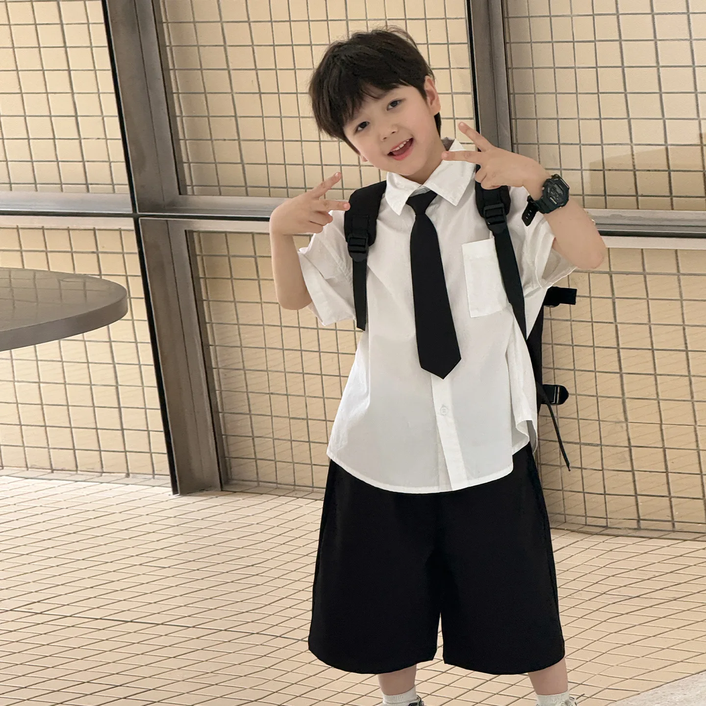 

2-10 Years Boys spring and summer new Korean version of tie lapel baby two-piece short-sleeved children's shirt set tide
