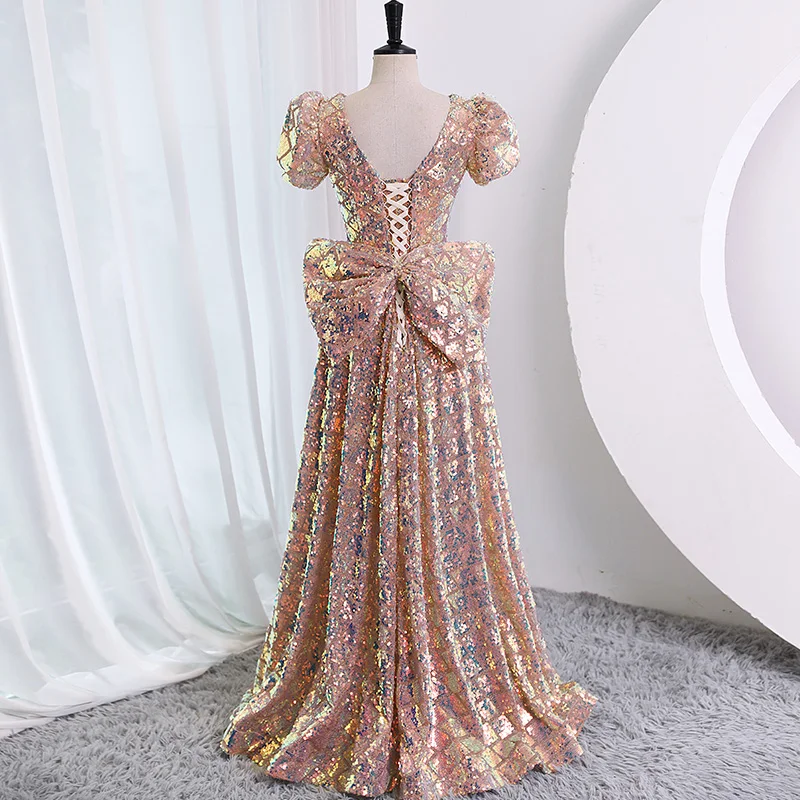 Luxury Sequin Women Evening Dresses Long Elegant V-Neck Floor-Length Shiny Prom Gowns With Bow 2023