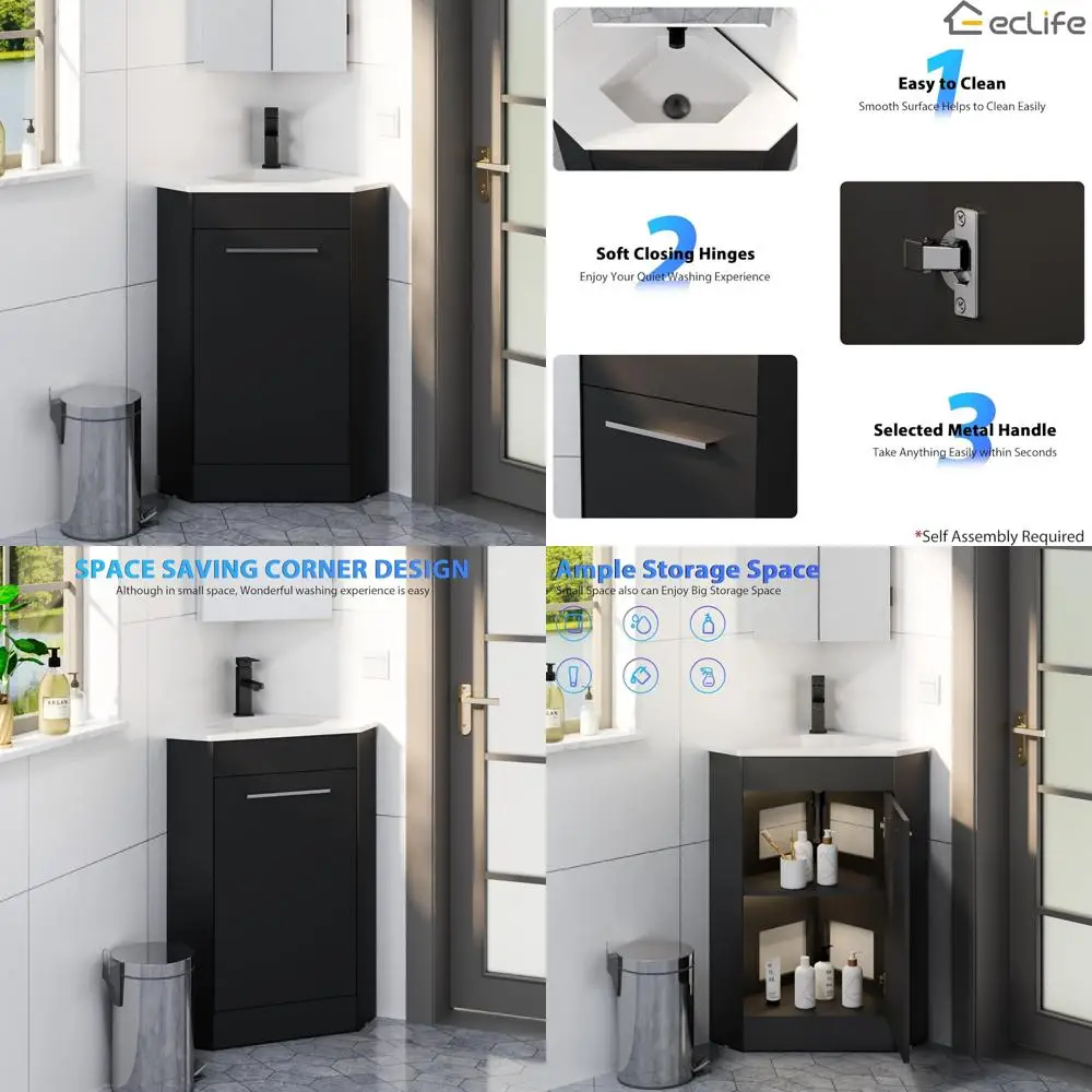 26 inch corner vanity set for compact bathrooms - white sink & matte black cabinet