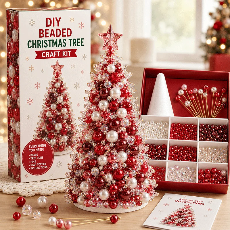 Weihnachtsbaum-Bastelset mit Perlen, kleiner Baum mit Kristallperlen und Engel-Ornament, handgefertigte Weihnachtsdekoration für den Tisch zu Hause. – Detail 3