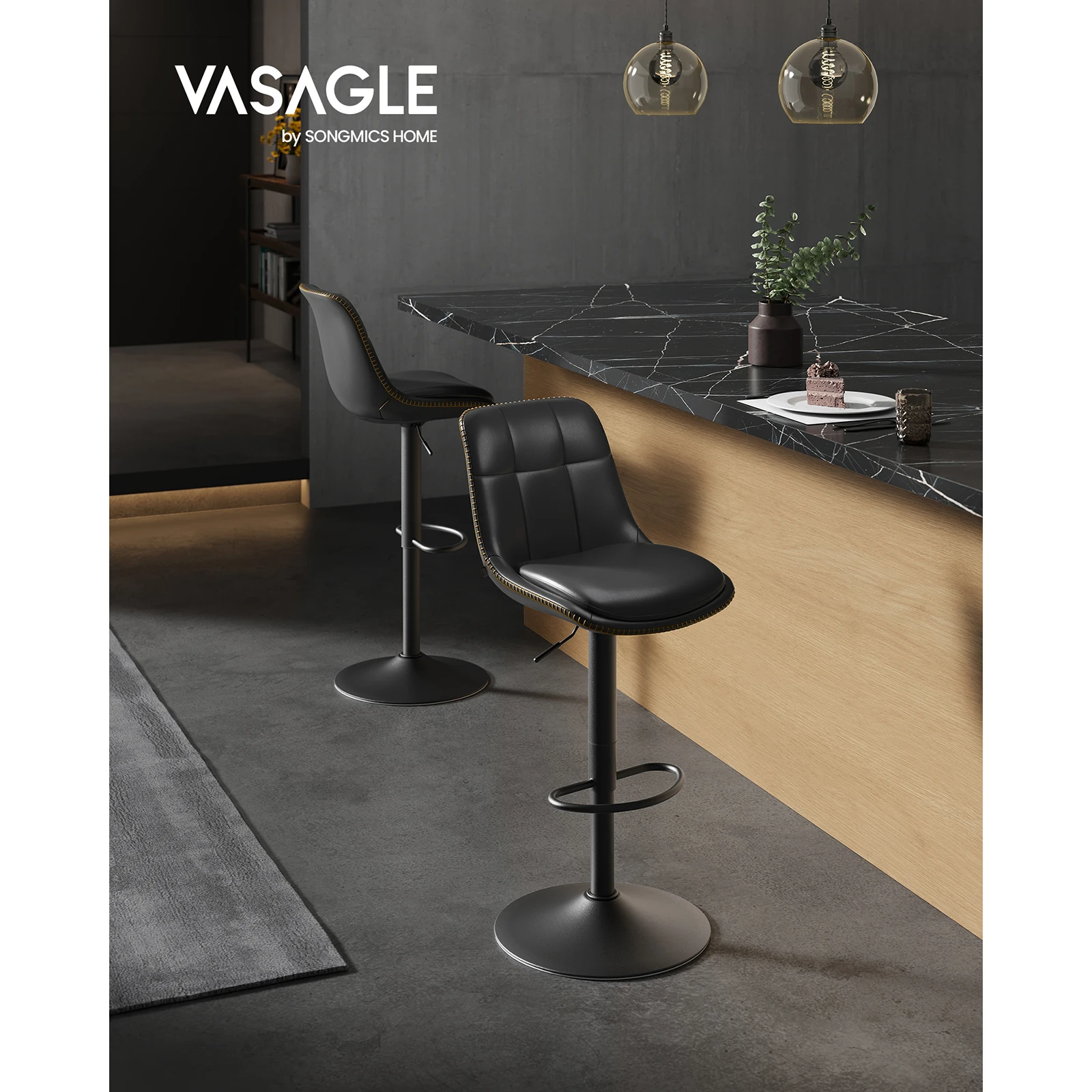 VASAGLE Set: 2 Height-Adjustable Swivel Bar Stools, PU Padded, Backrest, Footrest. Kitchen Chairs for Dining, Counter. Steel.